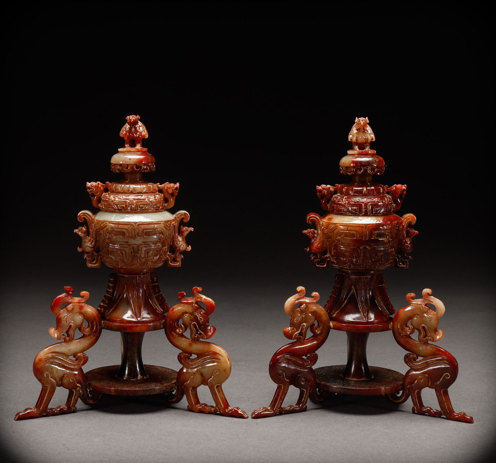 Before the Ming Dynasty, a pair of Hetian Jade three legged furnaces (1 of 16)