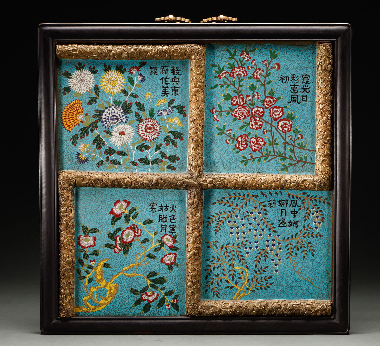 Qing Dynasty copper body enamel flower patterned hanging screen: Height: 61cm, Width: 61cm,