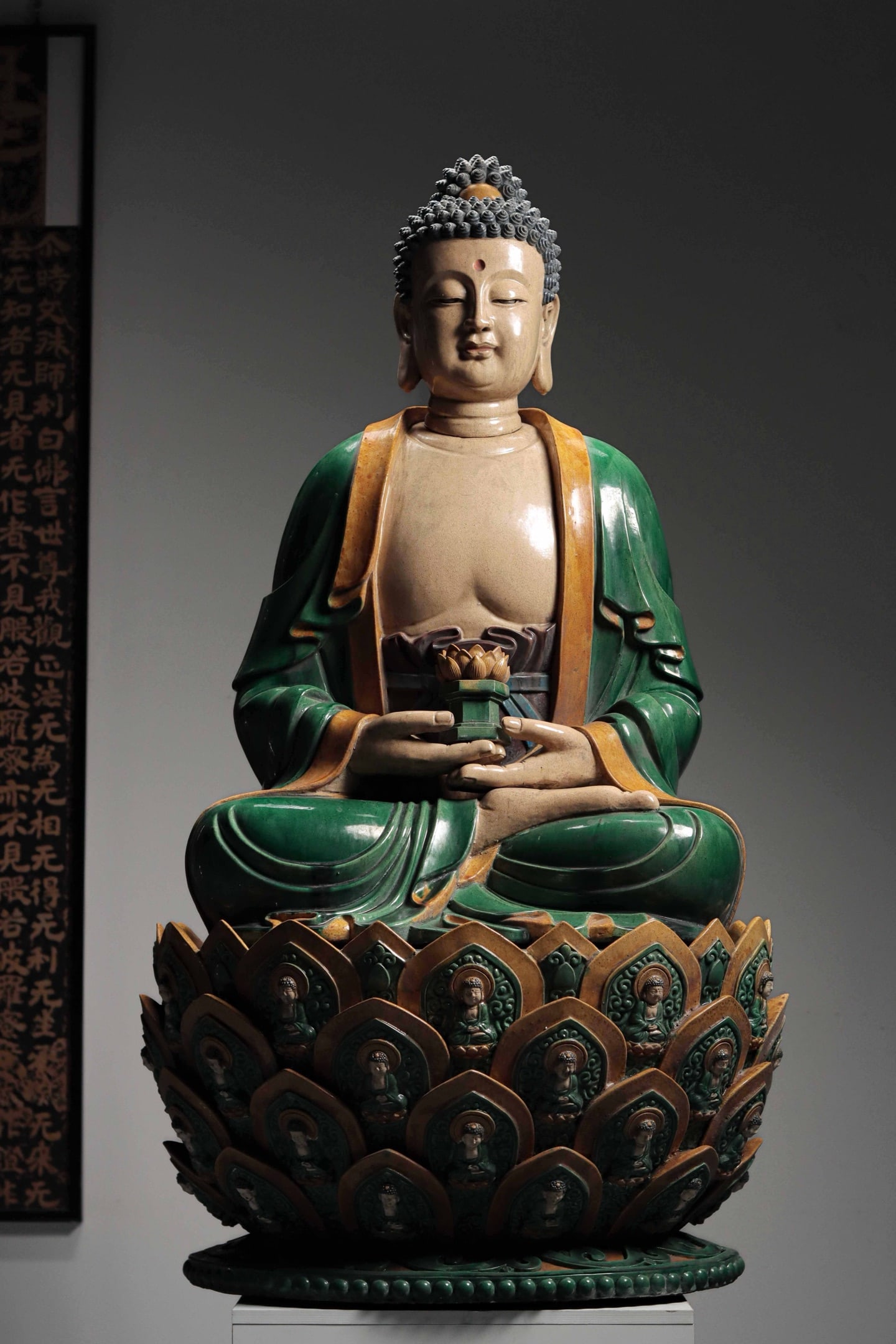 Ming Dynasty glazed tri colored statue of Shakyamuni Buddha: Height: 139cm, Width: 80cm,
