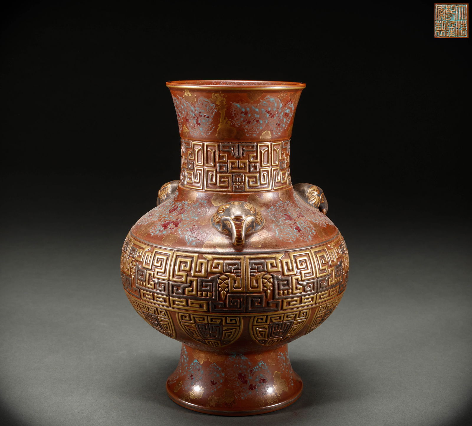 Qing Dynasty Ancient Bronze Glazed Gold Ear Zun: Height: 24cm, Width: 16cm, Weight: 1310g