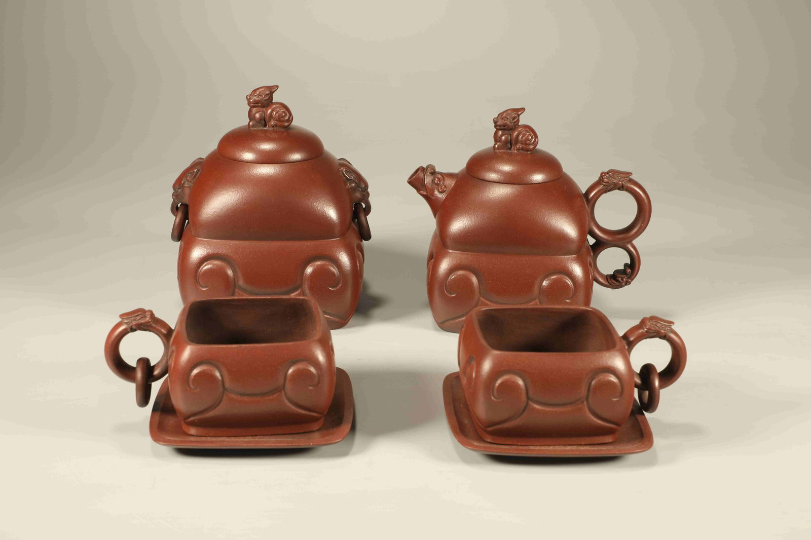 Qing Dynasty Purple Clay Four Directions Ruyi Set Pot: Height: 11cm, Width: 12cm,