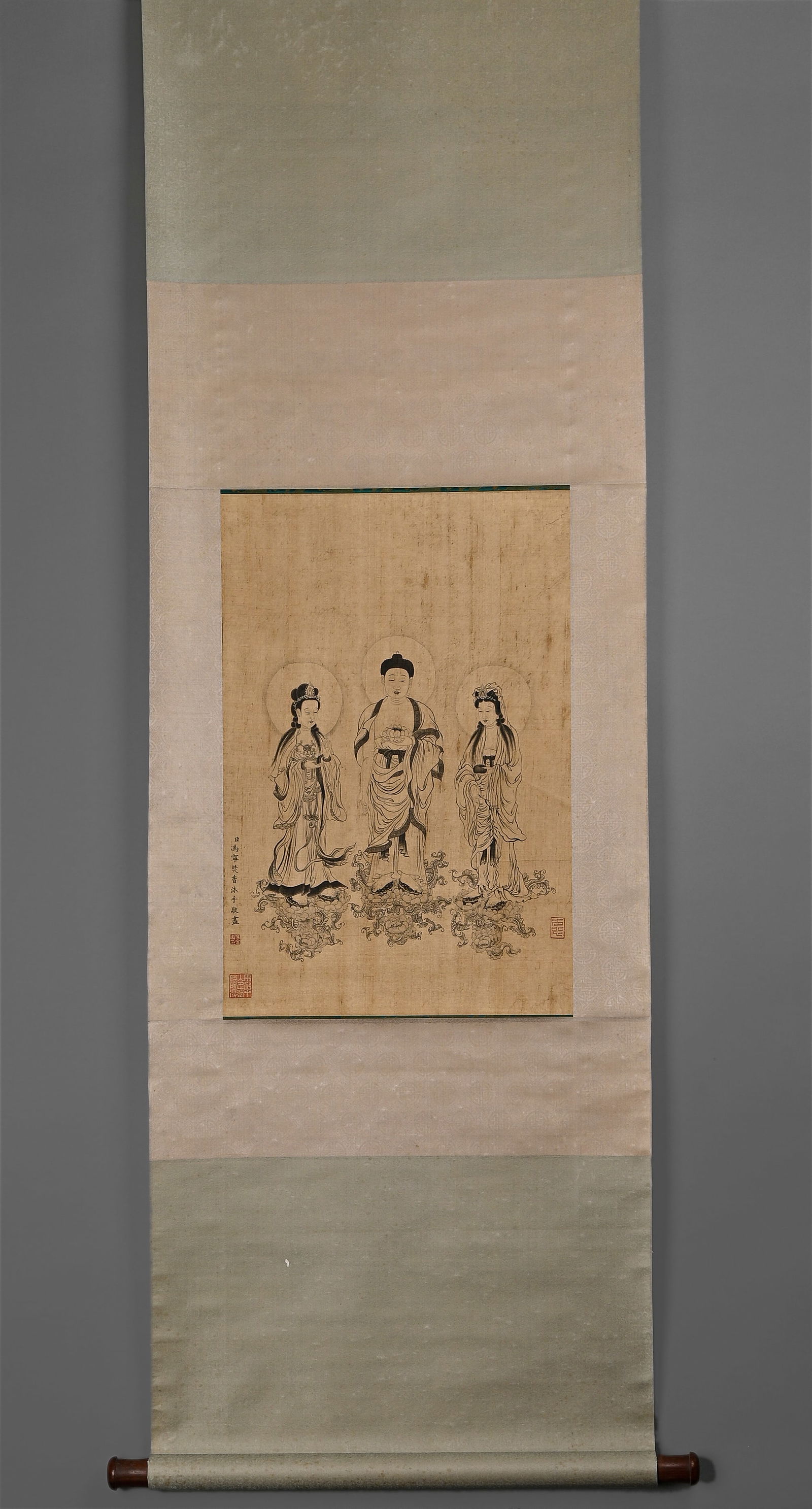 Feng Ning's Three Buddhas and Bodhisattvas Painting on Silk Scroll: Height: 59cm, Width: 39cm,