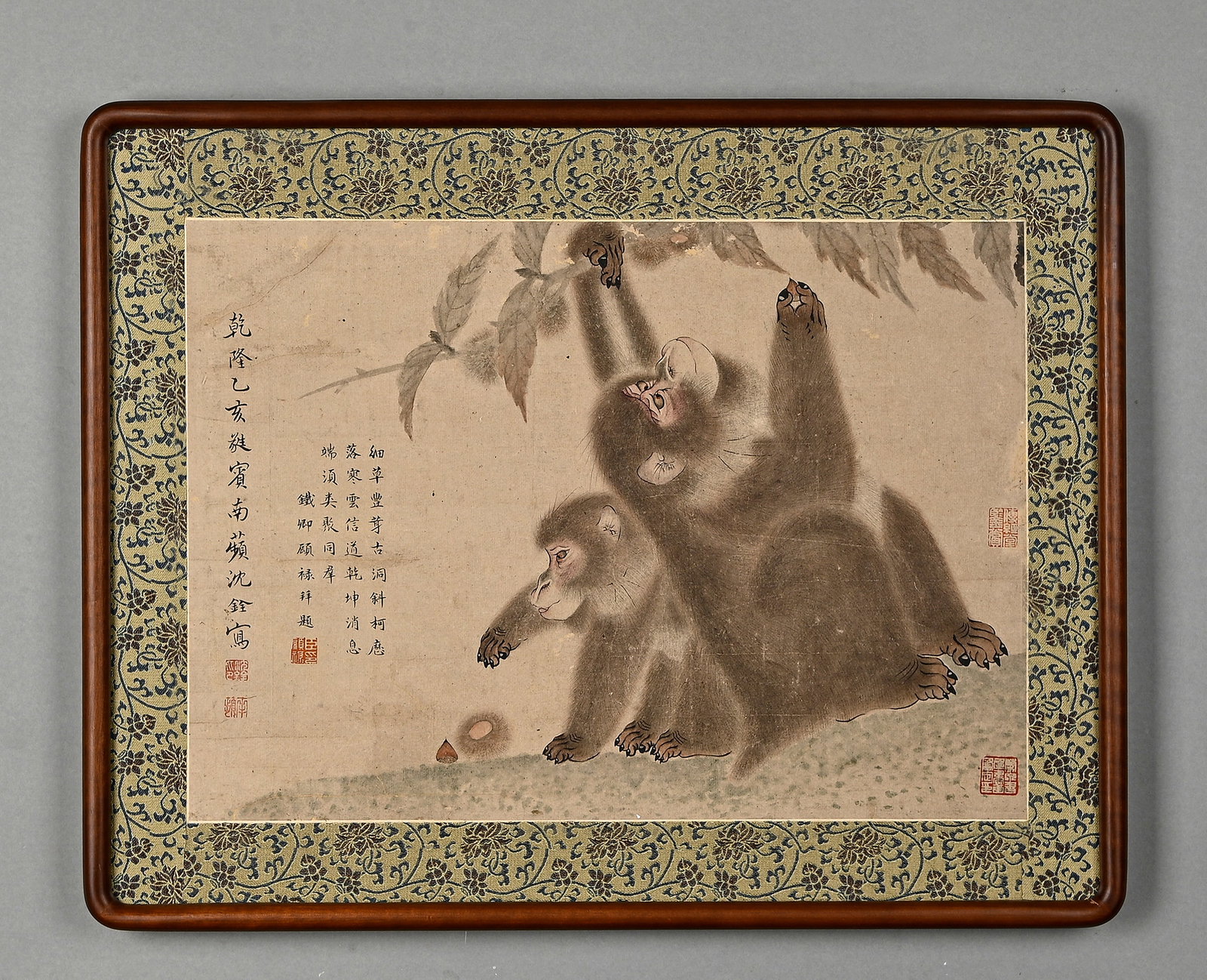 Shen Quan Monkey Play Drawing Book Solid Wood Frame: Height: 45cm, Width: 32cm,