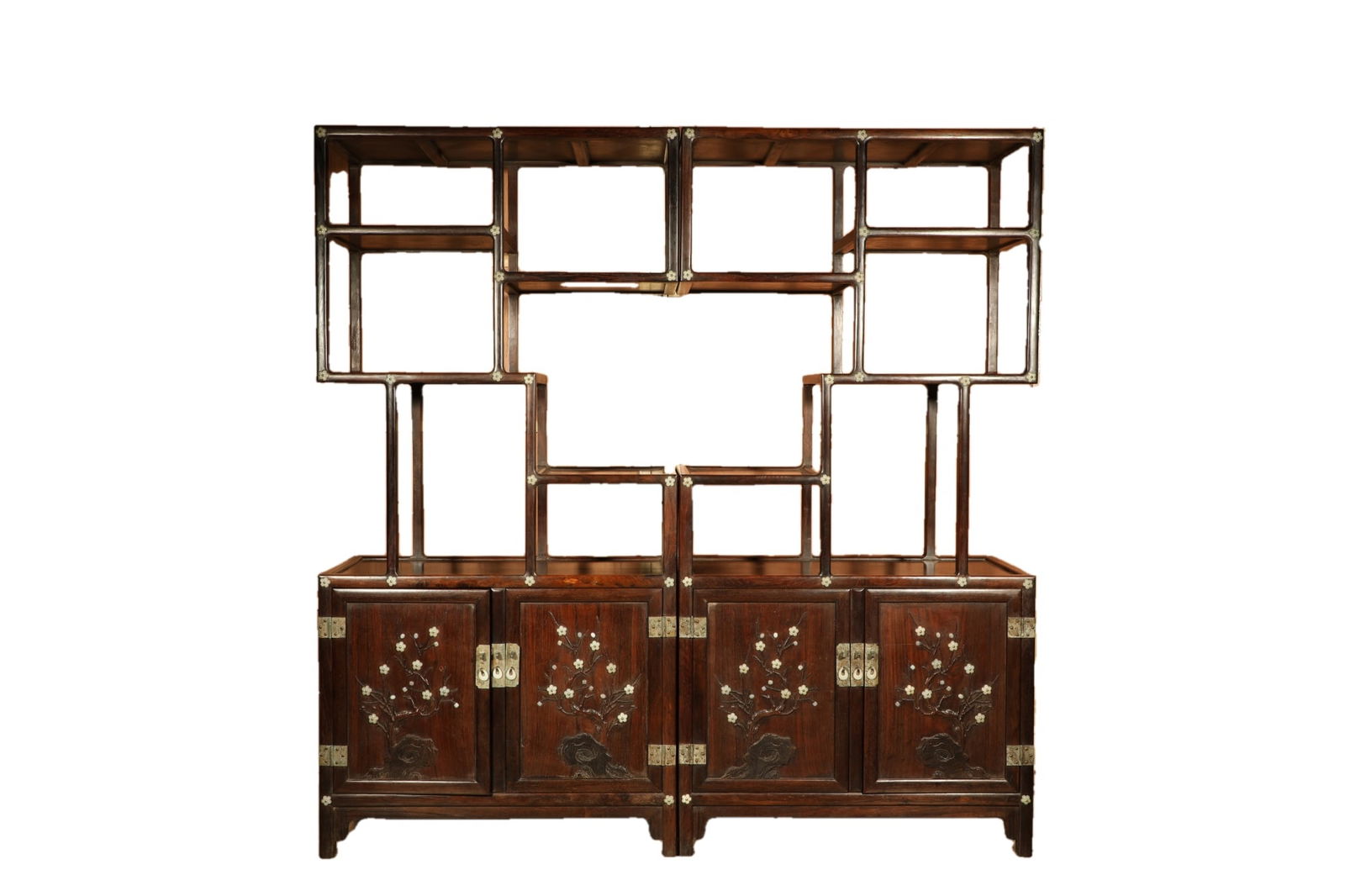 Qing Dynasty Huanghua Pear Carving Plum Blossom Embedded Jade Multi Treasure Cabinet Pair (1 of 10)