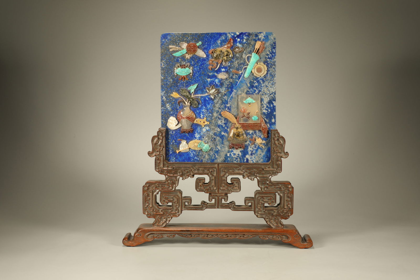 Qing Dynasty lapis lazuli inlaid with hundred treasures and ancient patterns for screen insertion (1 of 6)