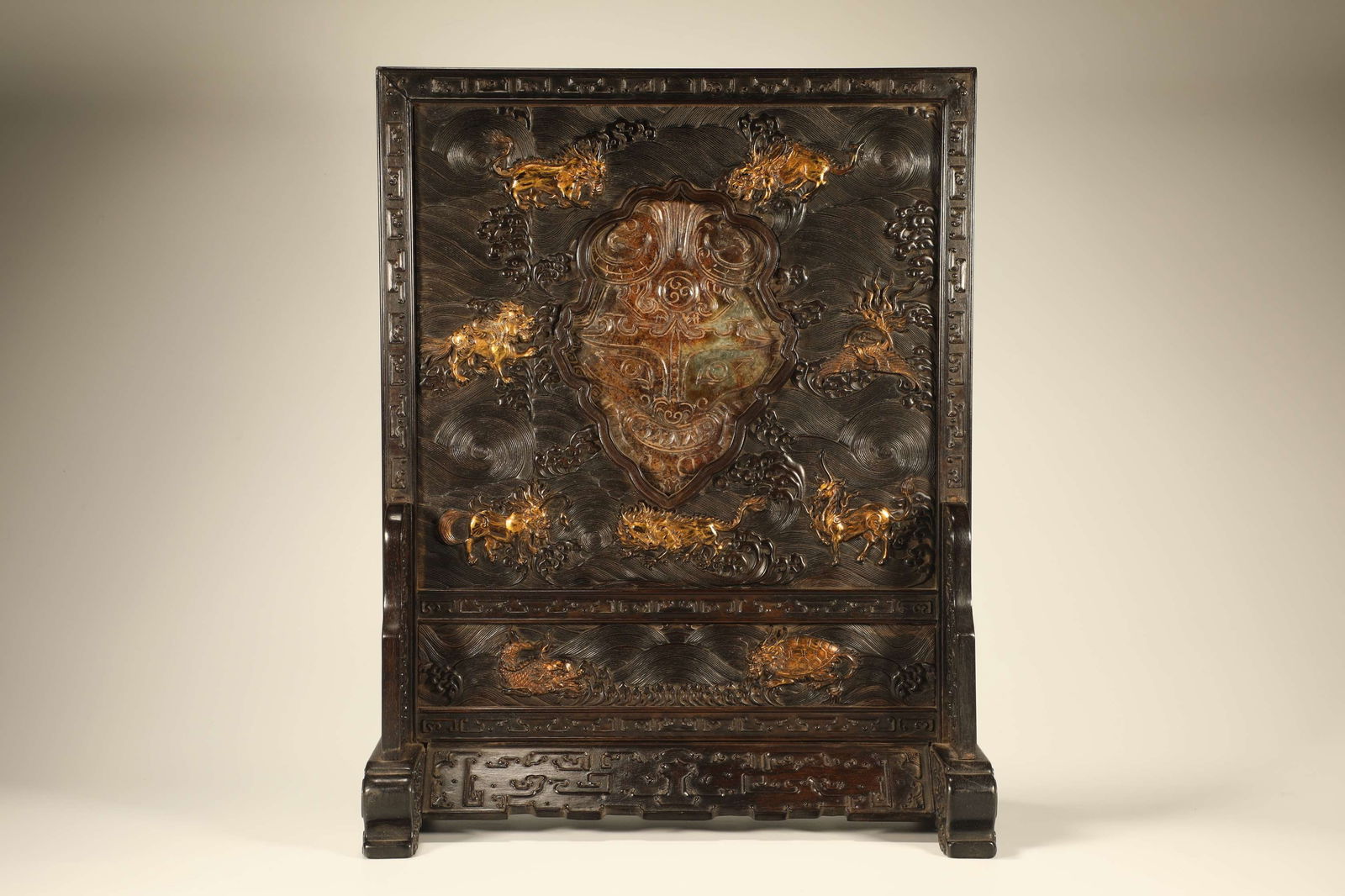 Purple sandalwood wood carving with sea animal patterns, gold inlaid jade screen: Height: 44cm, Width: 35cm