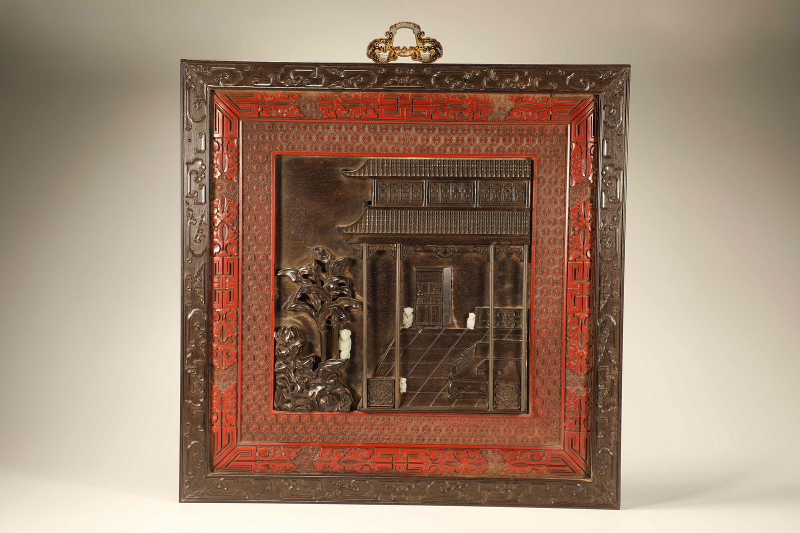 Qing Dynasty Purple Sandalwood Embedded Lacquer Pavilions and Figures Hanging Screens: Height: 46cm, Width: 46cm,