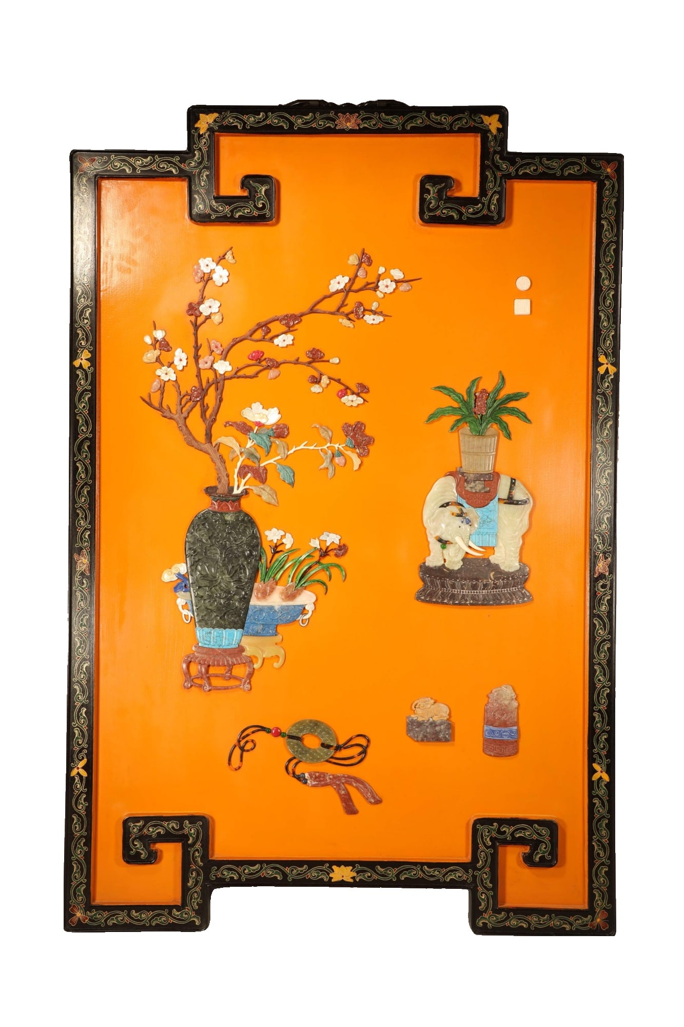 Purple sandalwood embedded with a hundred treasures, the Taiping elephant hanging screen: Height: 113cm, Width: 76cm,