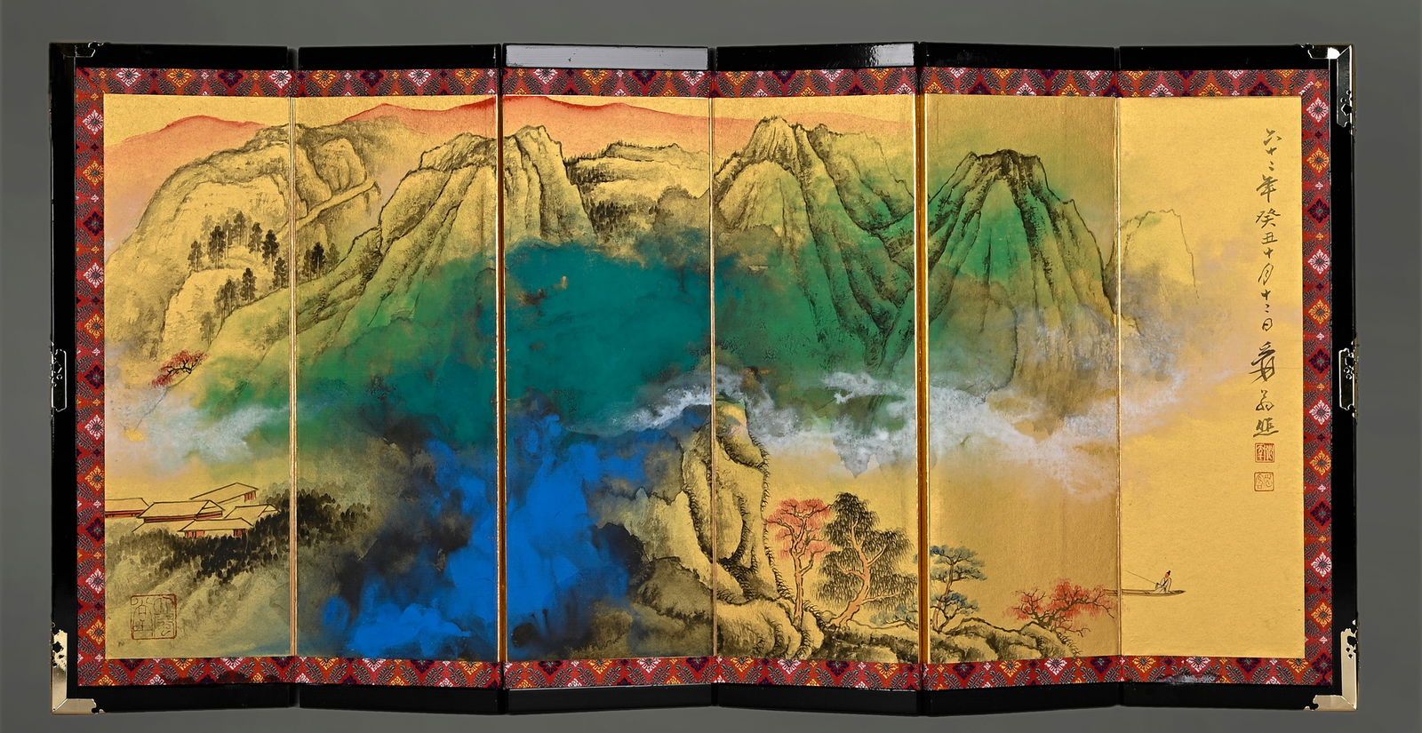 Zhang Daqian splashed colorful landscape paintings on gold foil paper, Bo Gu small screen: Height: 40cm, Width: 84cm,