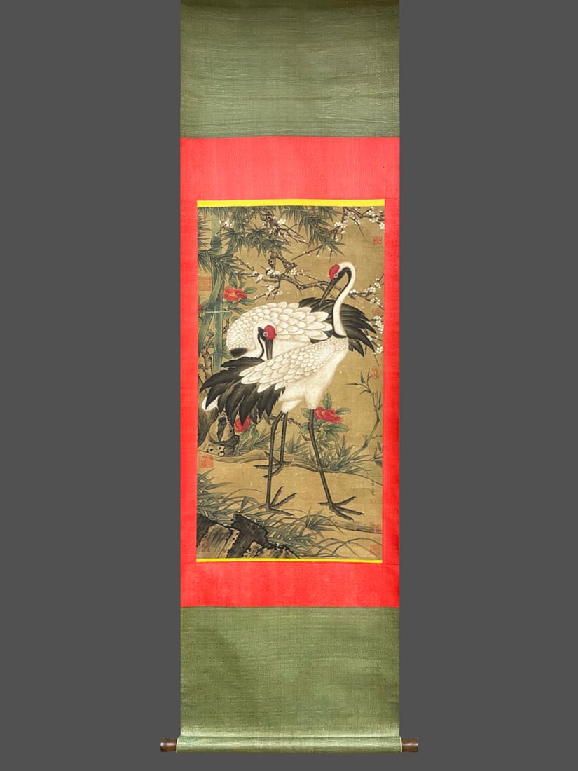Cui Bai's Double Crane Painting on Silk Vertical Axis: Height: 94cm, Width: 50cm,