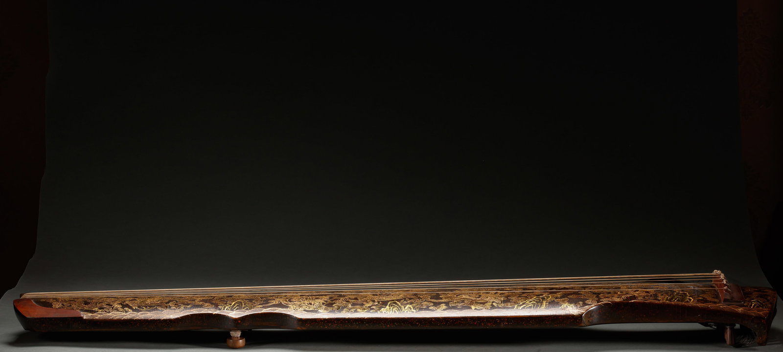 Qing Dynasty Nanmu Black Lacquer Inscribed Gold Seven stringed Qin: Length: 122cm, Width: 20cm,
