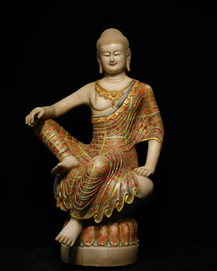 White Marble painted Buddha statues before the Ming Dynasty: Height: 100cm, Width: 55cm,