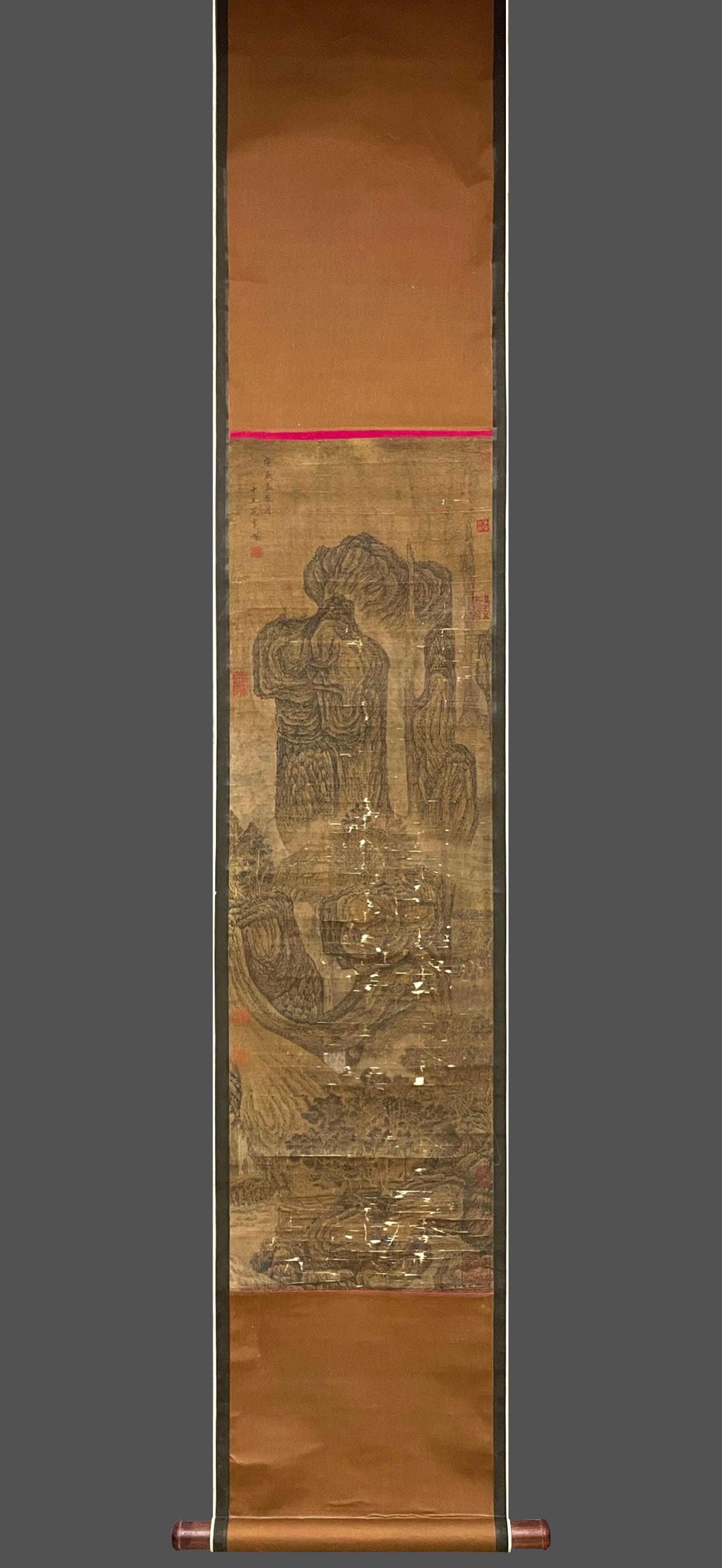 Fan Kuan's landscape painting on silk scroll: Height: 108cm, Width: 33cm,