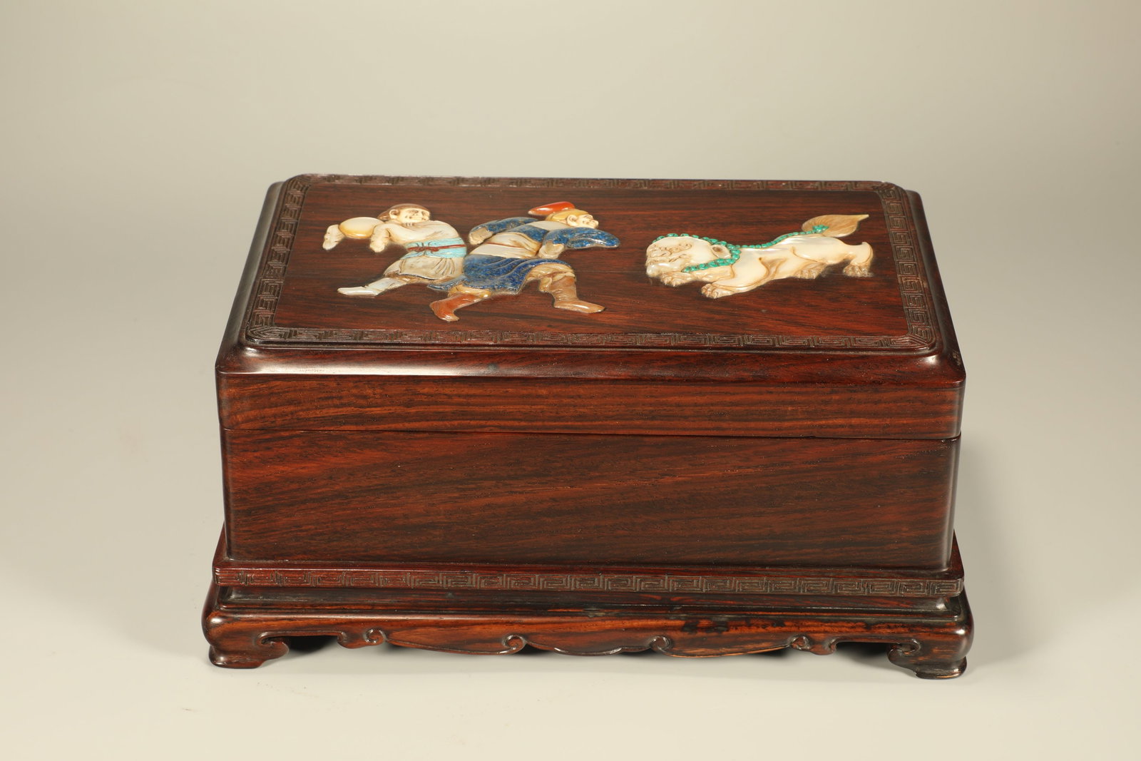 Huanghua Pear Embedded with Hundred Treasures Hu People Playing Lion Cover Box (1 of 7)