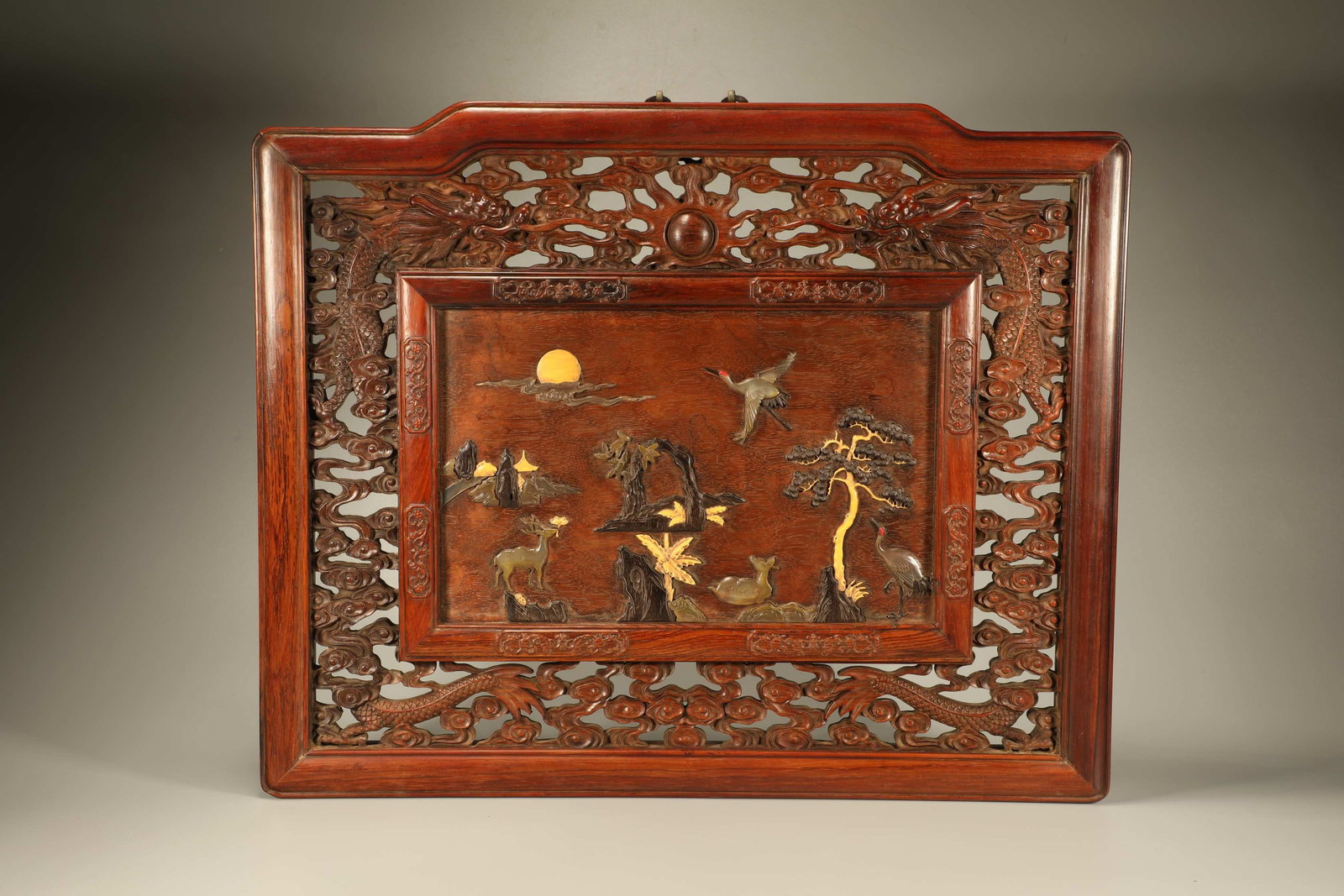Yellow pear carved dragon pattern embedded with purple sandalwood carved crane and deer hanging: Height: 46cm, Width: 56cm,