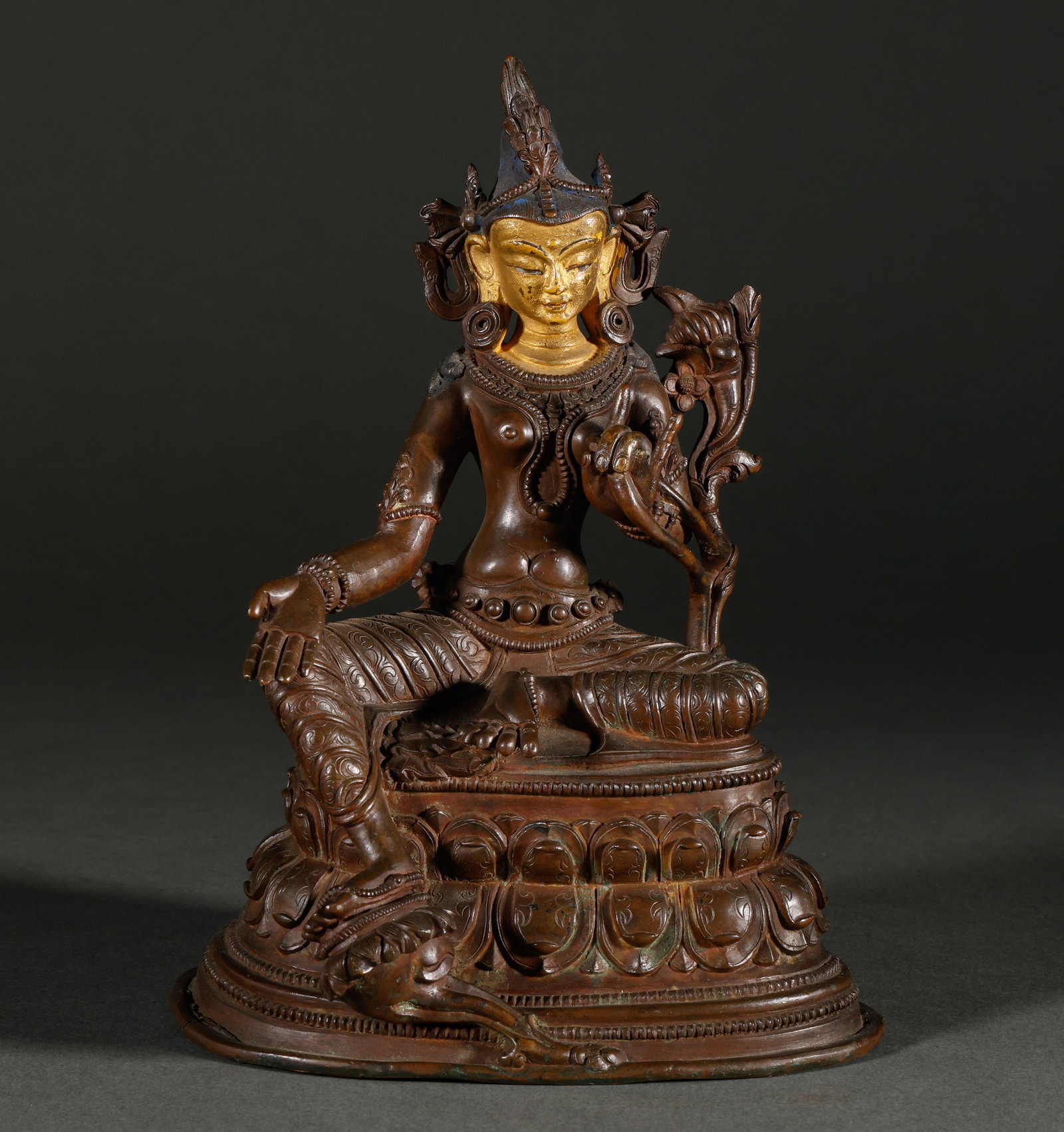 Qing Dynasty Bronze Carvings of Green Tara with Gold Inscriptions (1 of 7)