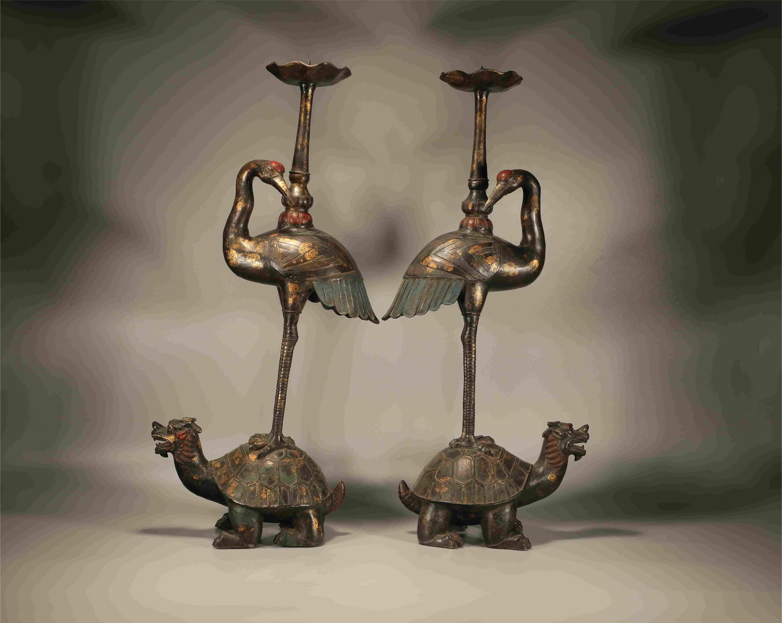 Copper scattered gold crane candle holders paired: Height: 75cm, Width: 29cm,