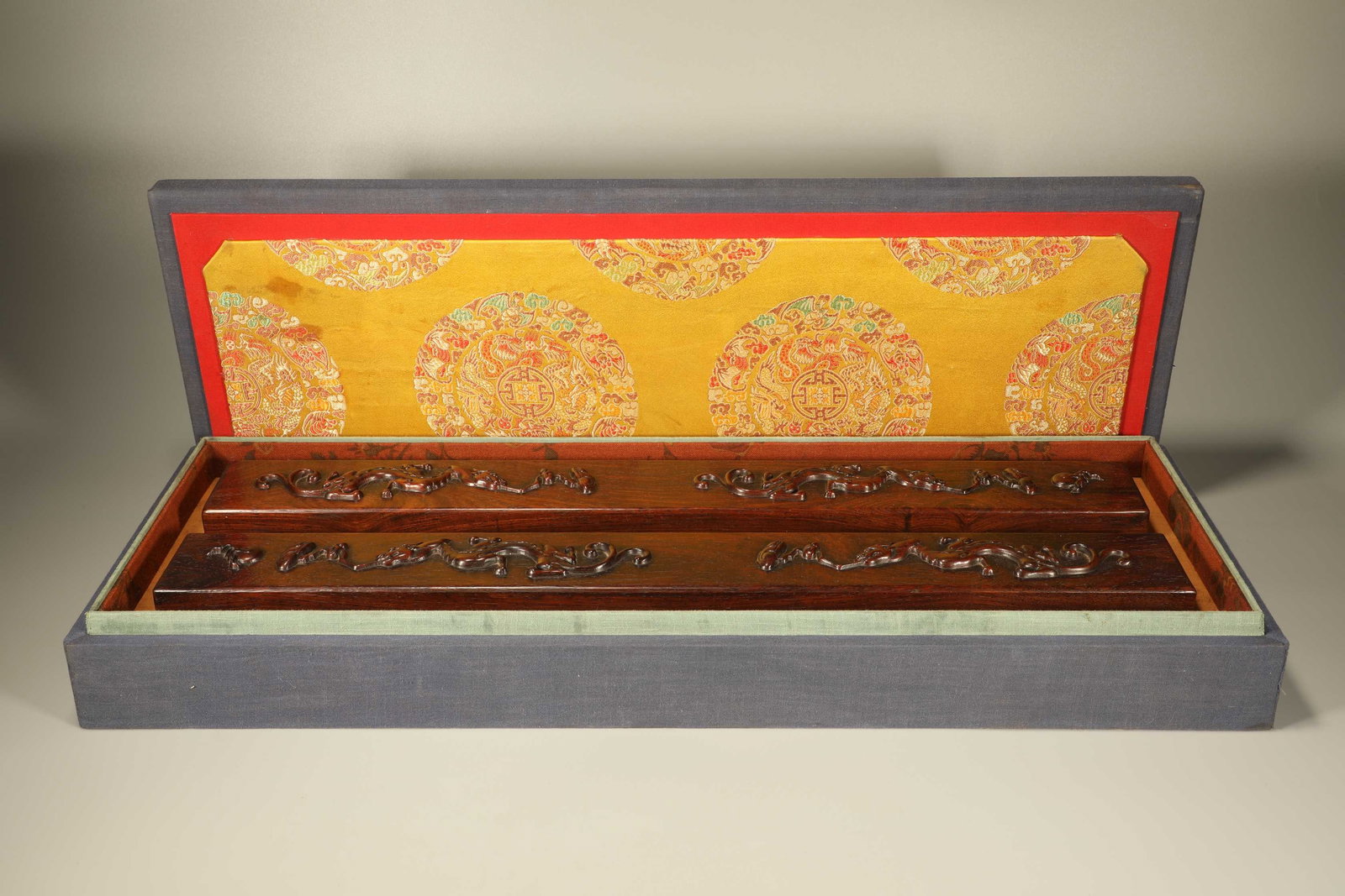 A pair of Huanghua Pear Carving Dragon Playing with Pearl Pattern Town Ruler: Length: 56cm, Width: 6.5cm,