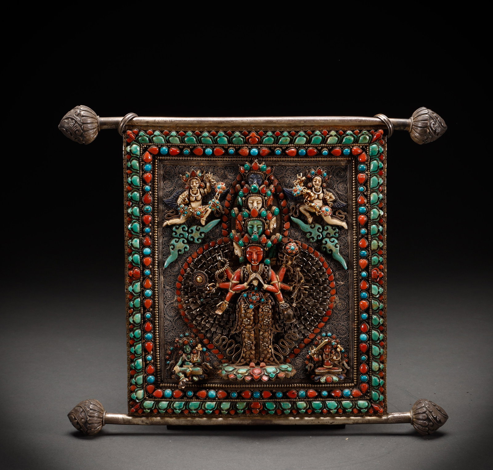 Silver inlaid gemstone Buddha panel painting from the Qing Dynasty: Height: 25cm, Width: 21cm, Weight: 1060g
