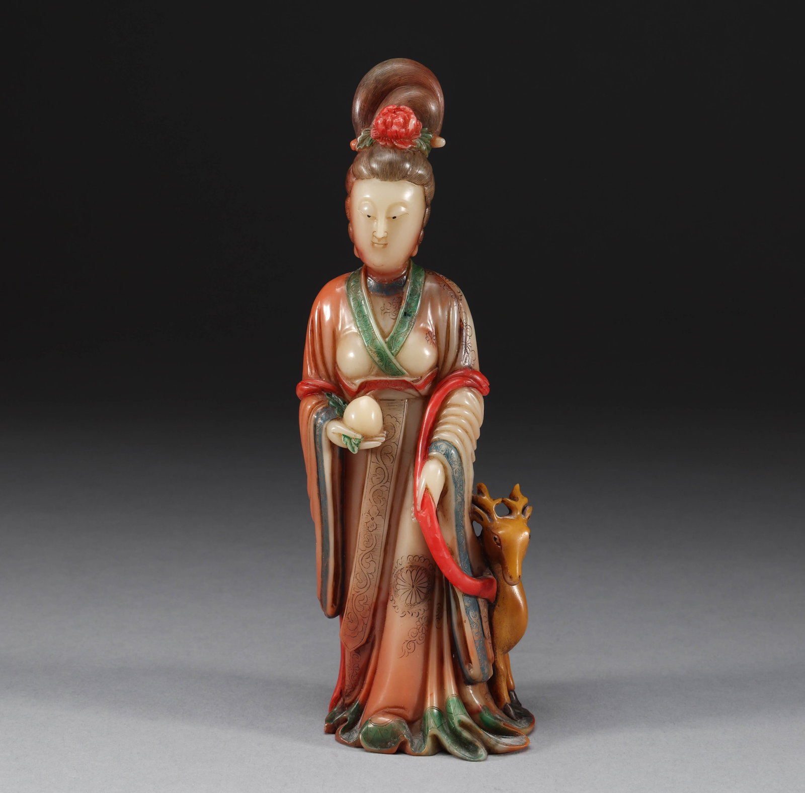 Qing Dynasty Shoushan Stone Painted Figures: Height: 19cm, width:6cm, weight:408g