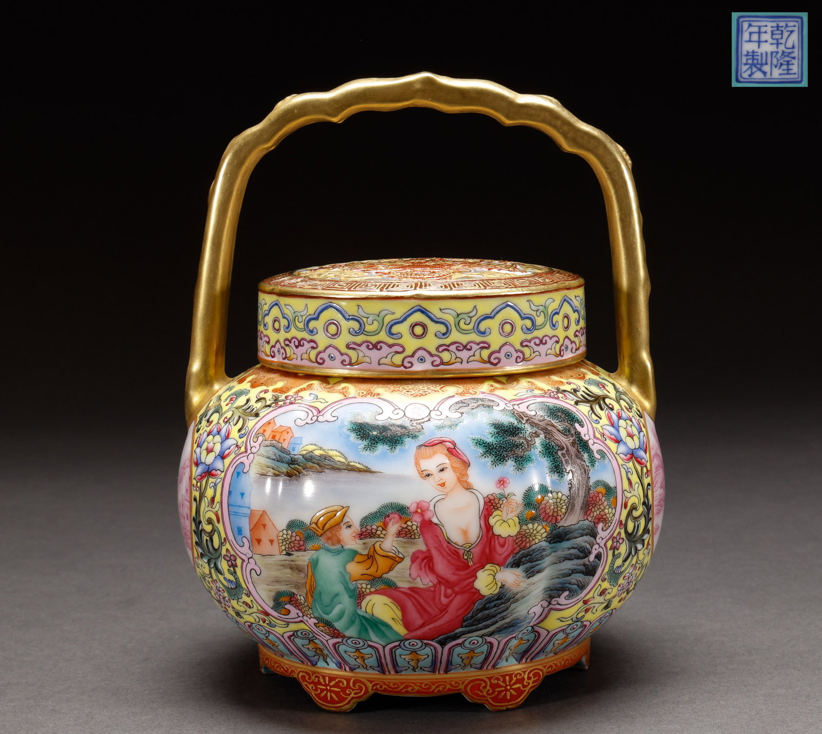Qing Dynasty enamel painted character stories, lifting beam pot: Height: 20cm, width: 15cm, weight: 1417g