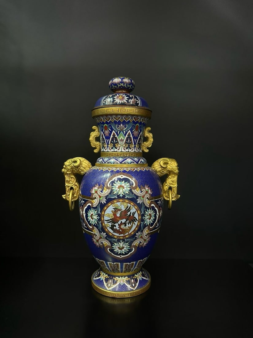 Qing Dynasty Double Beast Ear Dragon Phoenix Pattern Cloisonn ?? Large Bottle (1 of 7)