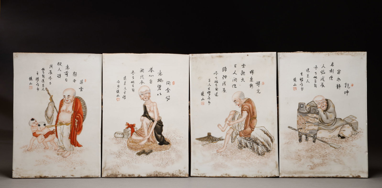 Qing Dynasty pastel Arhat stone 4 pieces: A set of porcelain plate paintings with four character story themed images, using traditional painting techniques to depict character images and poems. The paintings are delicate and have a literary a