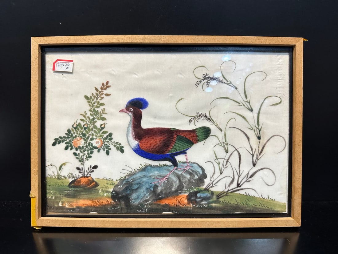European Return to Qing Dynasty Animal and Plant Pattern Painting: Thirteen Lines of Late Qing Dynasty - Blue Crowned Rare Birds, Flowers, Birds, and Grass for Export Watercolor PaintingSpecification 26 ?? 18.5cm, originally equipped with wooden frame mounting; Tongc