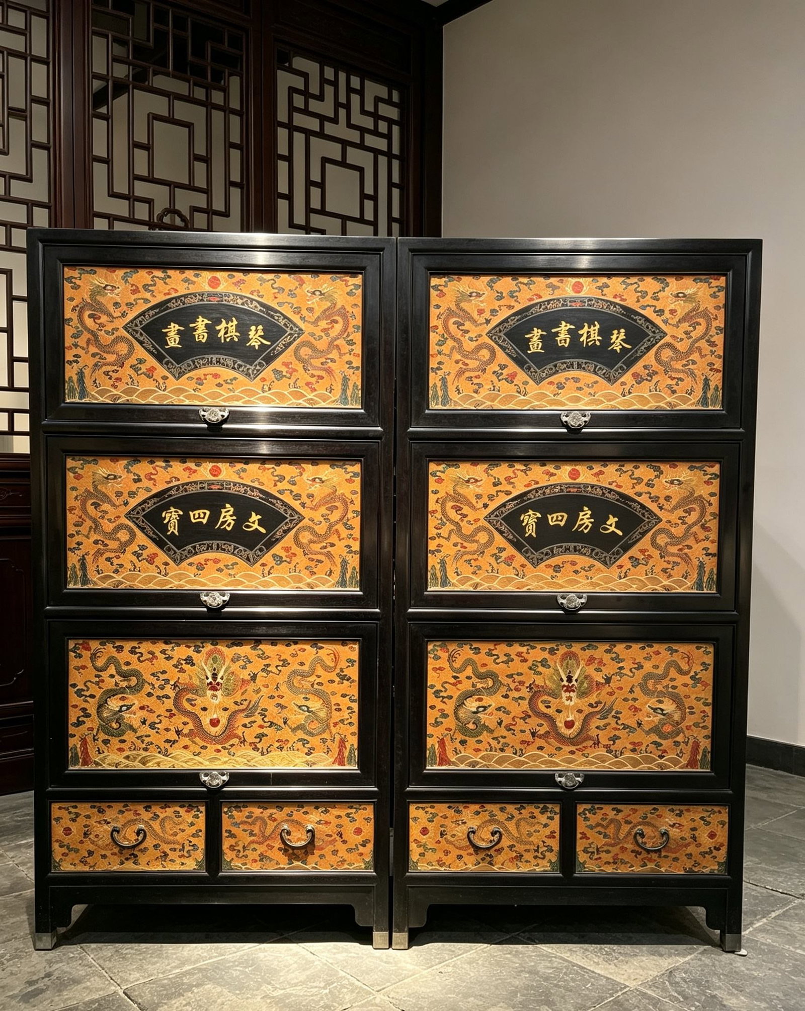Qing Dynasty Purple Sandalwood with Lacquer Dragon Pattern Qin, Chess, Calligraphy, Painting,: A pair of precious cabinets with purple sandalwood, gold dragon patterns, music, chess, calligraphy, painting, and multiple treasuresSingle cabinet size 100-45-200cm, rosewood solid wood frame, layere