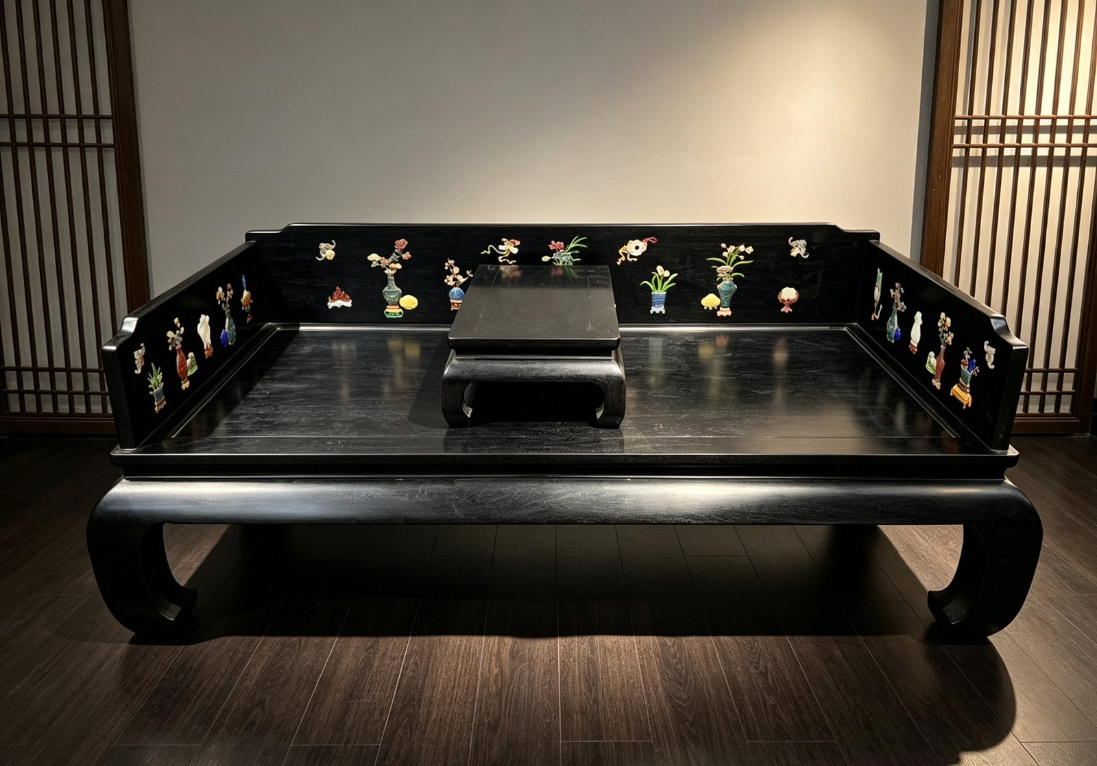 Qing Dynasty red sandalwood inlaid with cloisonne Arhat bed: Red sandalwood with hundred treasures inlaid in Bo Gu Qing Dynasty Arhat bed (with kang table)The dimensions are 200 cm in length, 100 cm in width, and 78cm in height. It is crafted with exquisite ros