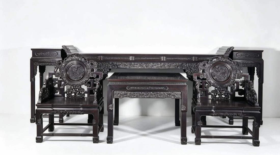 Three piece set of Qing Dynasty rosewood seats: Purple Sandalwood Full Crafted Carving Middle Hall Six Piece SetThe size of the banner is 121cm high to 270cm long, equipped with a curved head large banner, a square table, a pair of grand chairs, an