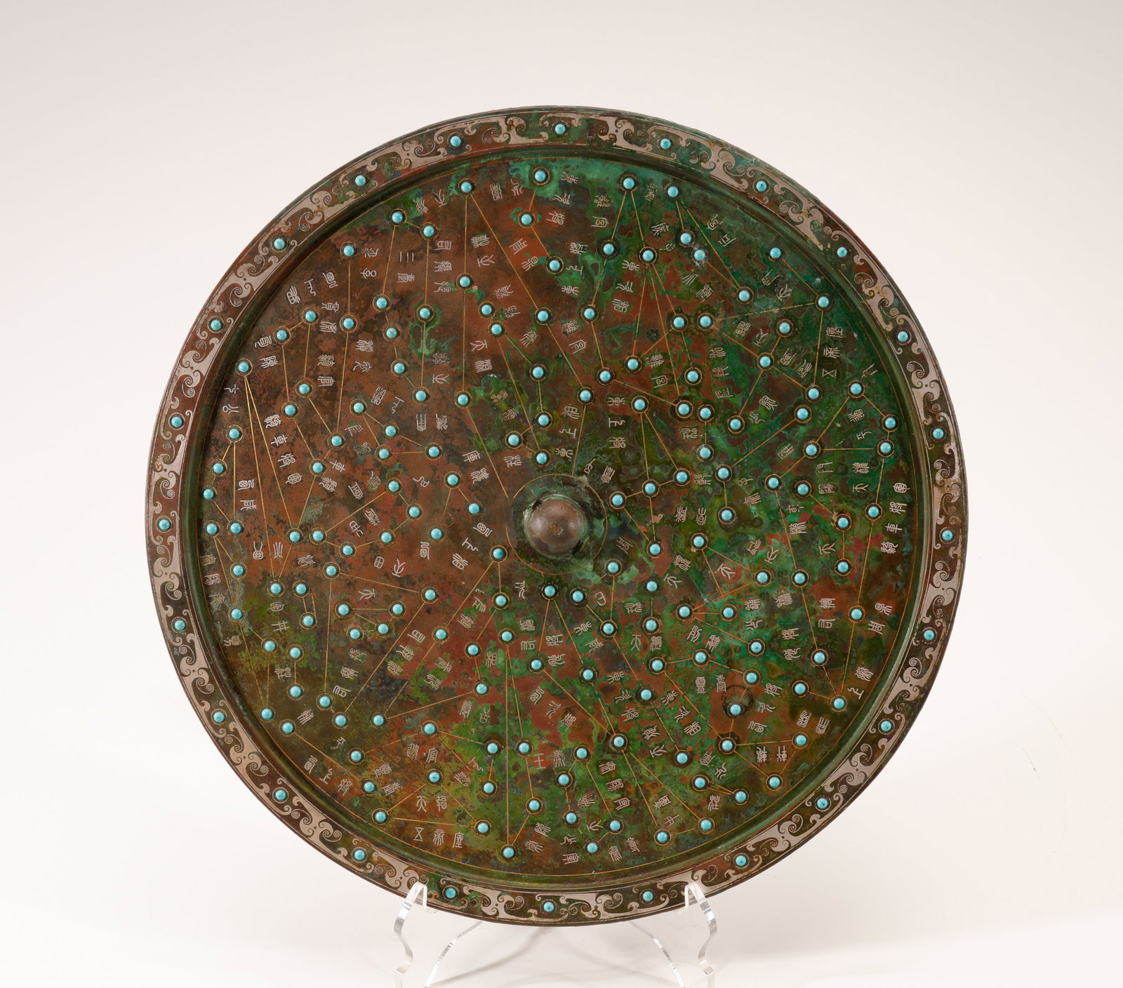 Before the Ming Dynasty, copper gilded inlaid turquoise mirrors: Bronze and silver inlaid turquoise star patterned large round mirrorSpecification: Diameter of 30.5cm - Thickness of 1.5cm, Weight of 2423g, with staggered silver lace, turquoise inlaid with stars, go