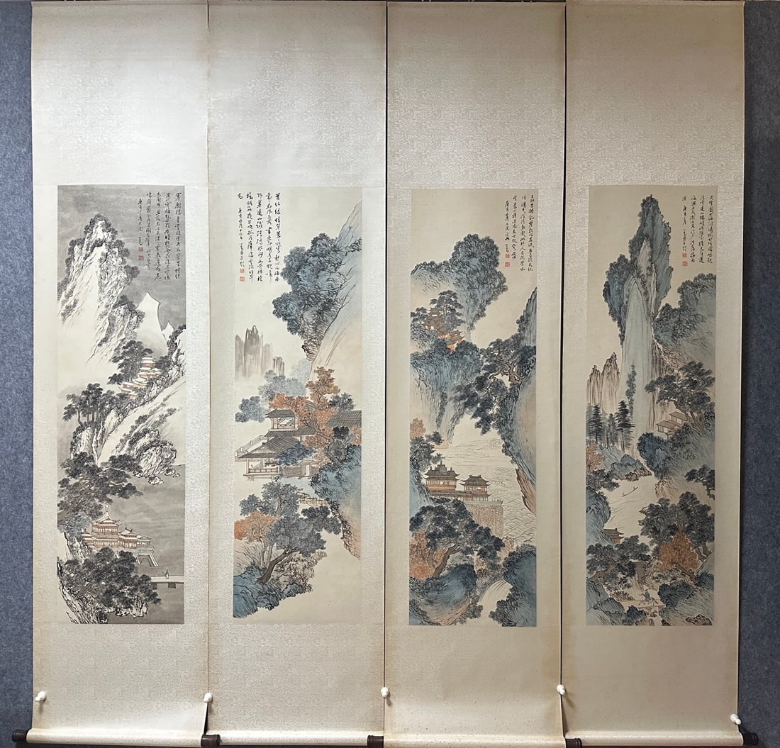 Pu Ru Landscape Paper with Four Screens: Paper based light red landscape pavilion with four screens, single axis dimensions of 137cm high and 40cm wide. Carefully drawn peaks, pavilions, trees, and flowing springs, each with a signature seal