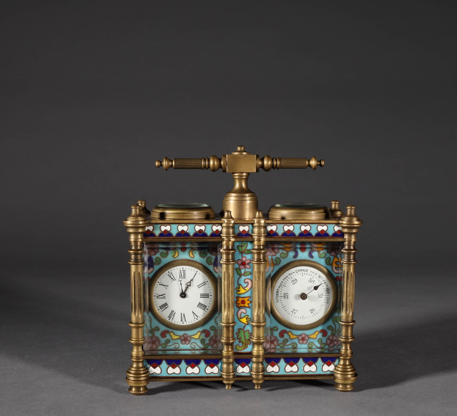 Western cloisonn ?? clock: Copper core cloisonn enamel multifunctional desktop clock, measuring 14cm in height, 13cm in width, and weighing 1078g. It features a high-quality copper column frame with a portable handle and a cloi