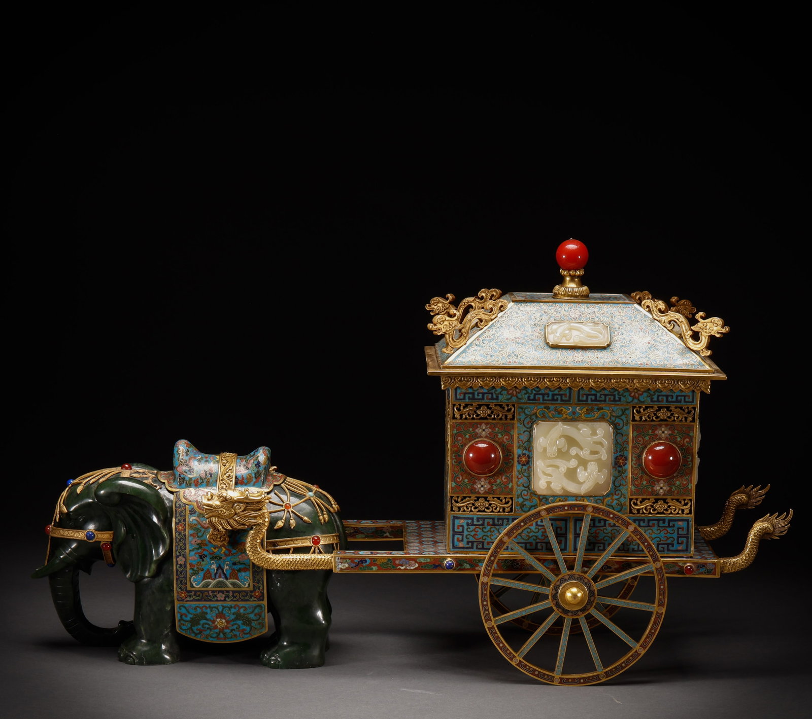 Qing Dynasty bronze tire cloisonn ?? inlaid with jade elephant cart: The multi craft composite Taiping Youxiang jade sedan is a large ornament with a height of 42cm, a width of 54cm, and a weight of 17175g. It is a collection level display heavy object with a jade ausp