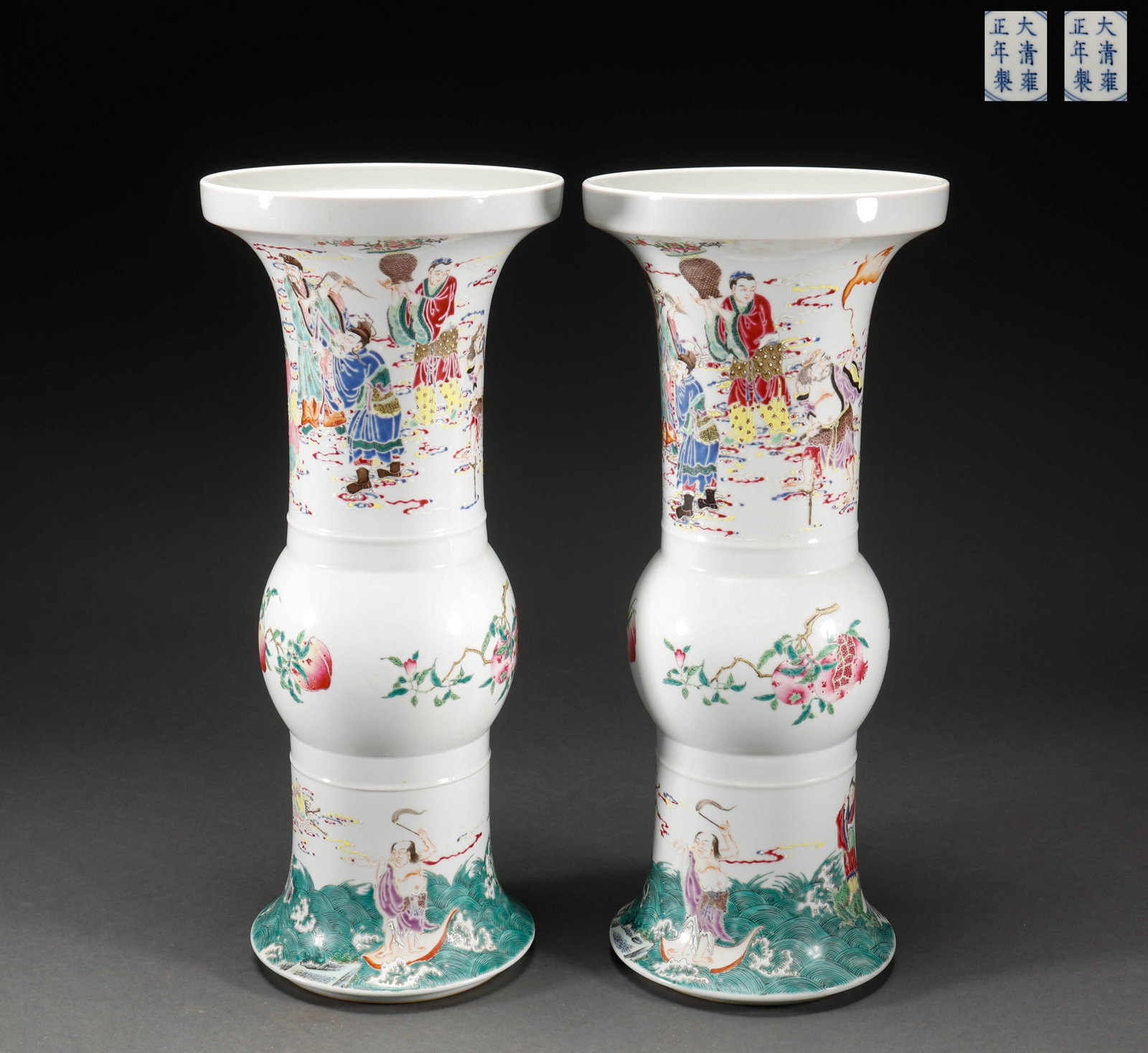 Qing Dynasty Pink Character Story Pattern Flower Gourd Pair: The Yongzheng style powder colored Eight Immortals Crossing the Sea Flower Pagoda vase, measuring 45 ?? 19.5cm and weighing 7955g, is decorated with the Eight Immortals and three auspicious patterns t