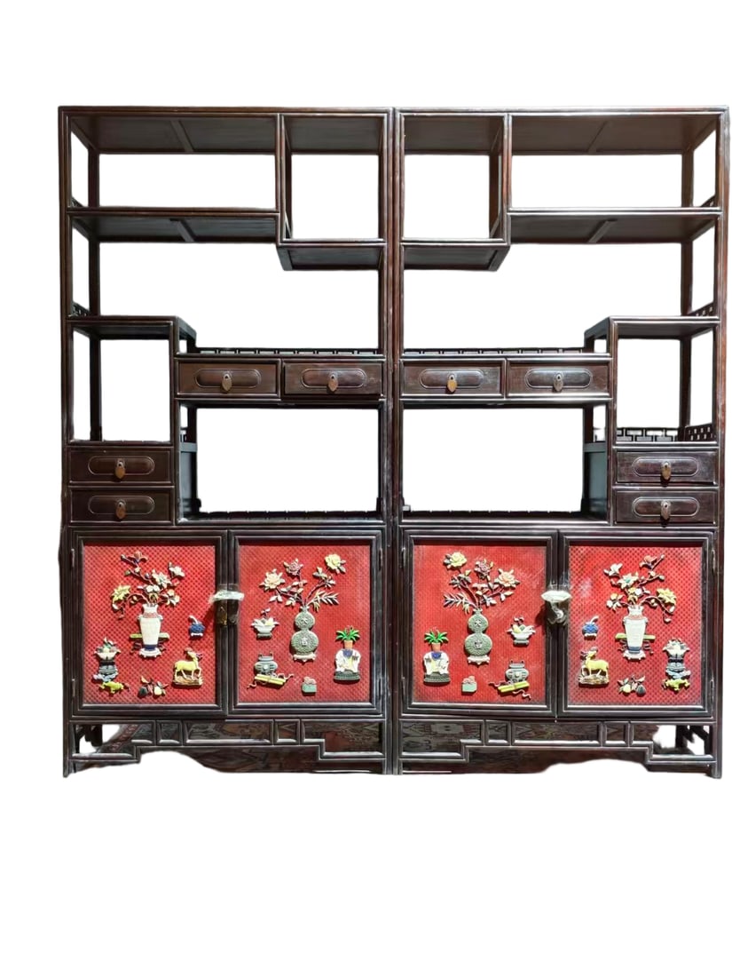 A pair of Qing Dynasty purple sandalwood inlaid with lacquer, featuring a hundred treasures and: Qing-Dynasty Zitan Cabinet of Antiquities with Lacquer and Treasures, a Pair. Well-proportioned in form and flowing in line, the piece measures 92 cm in length, is 36 cm wide, and stands 198 cm tall. 