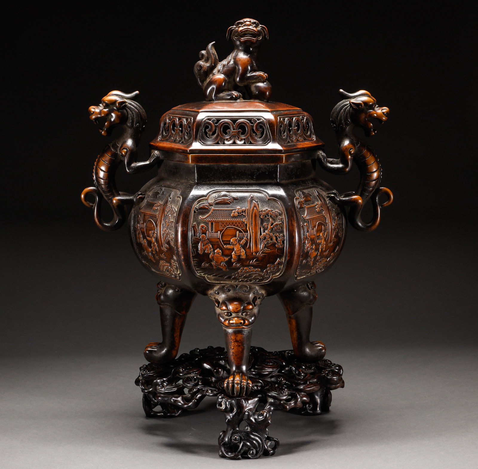 Qing Dynasty copper three legged double ear fumigation furnace: Qing-Dynasty Bronze Twin-Handled Incense Burner on Three Feet. Elegant and serene, with a naturally refined bearing, the piece stands 57 cm tall, is 50 cm wide, and weighs 21,474 g. The modeling is we