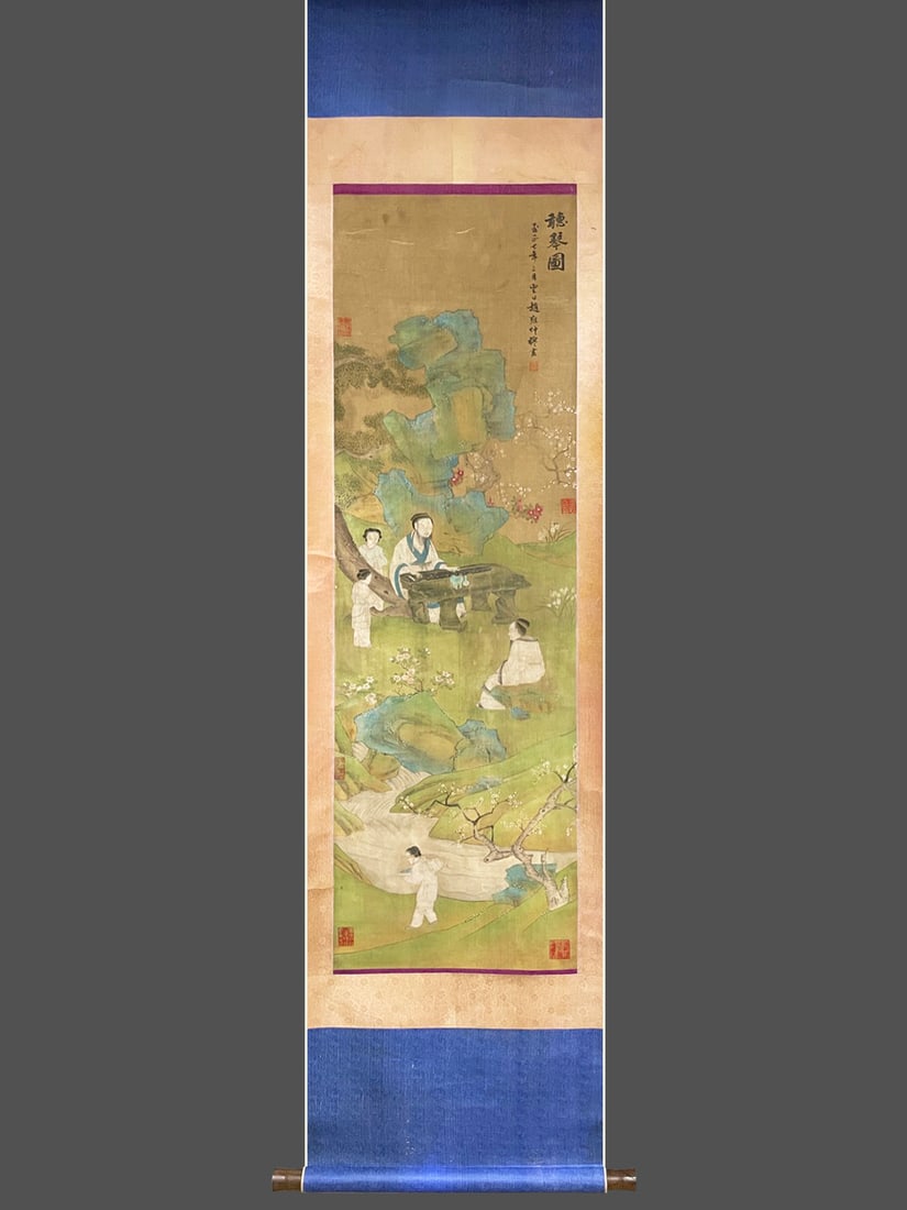 Zhao Yong Listening to the Qin Picture on Silk Scroll: Zhao Yong 'Listening to the Qin' Hanging Scroll on Silk. Steeped in antique charm, its patina warm and mellow, the piece stands 128 cm tall, and is 40 cm wide. The composition is well-balanced and the