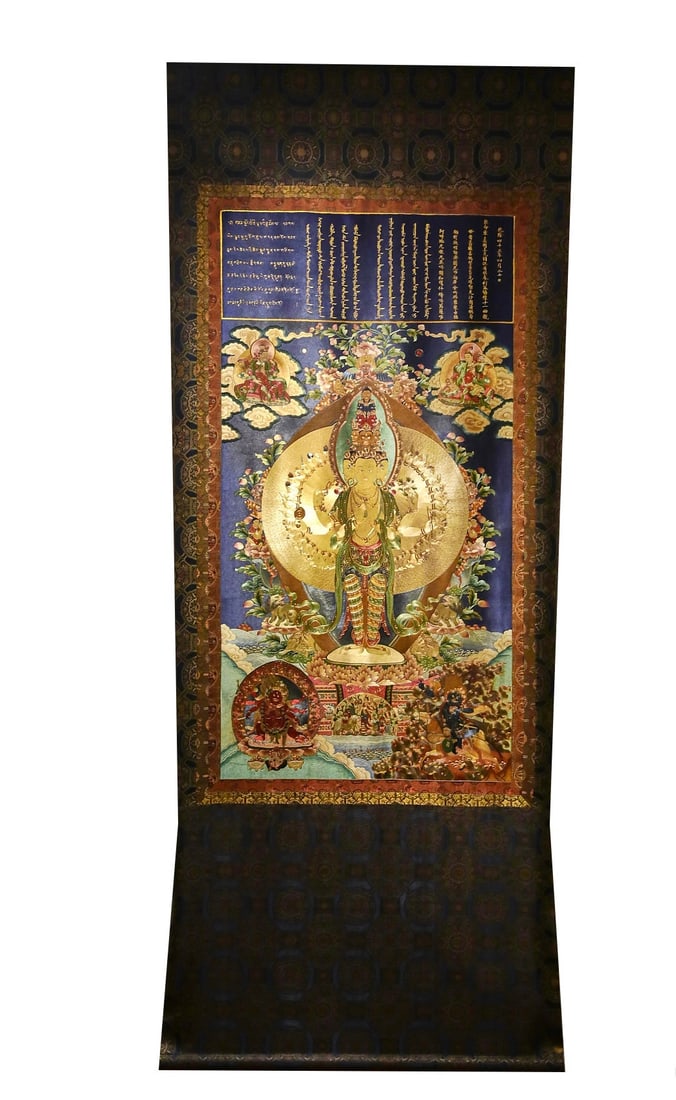 Qing Dynasty Embroidery Thousand Handed Guanyin Tangka: Qing-Dynasty Embroidered Thousand-Armed Guanyin Thangka. Steeped in antique charm, its patina warm and mellow, the piece stands 250 cm tall, and is 100 cm wide. The features are reverent and dignified