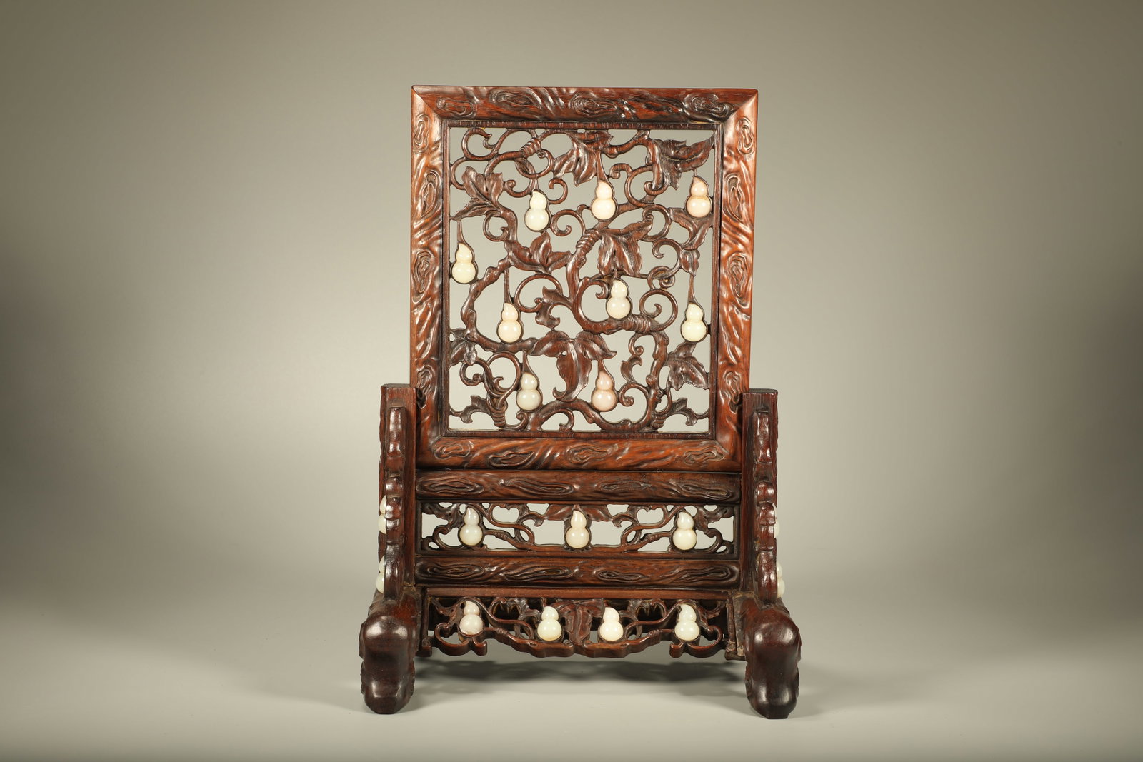 Qing Dynasty Huanghua Pear Translucent Carving Fu Lu Wan Dai Embedded Jade Screen (1 of 7)