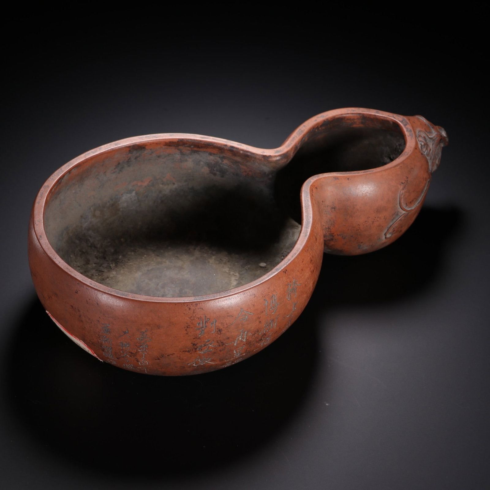 Qing Dynasty Zisha Fulu Wenfang Washing: Qing-Dynasty Yixing 'Fortune and Emolument' Scholar's Brush Washer. Of superb material and workmanship alike, the piece measures 30 cm in length, is 17 cm wide, stands 7 cm tall, and weighs 920 g. The