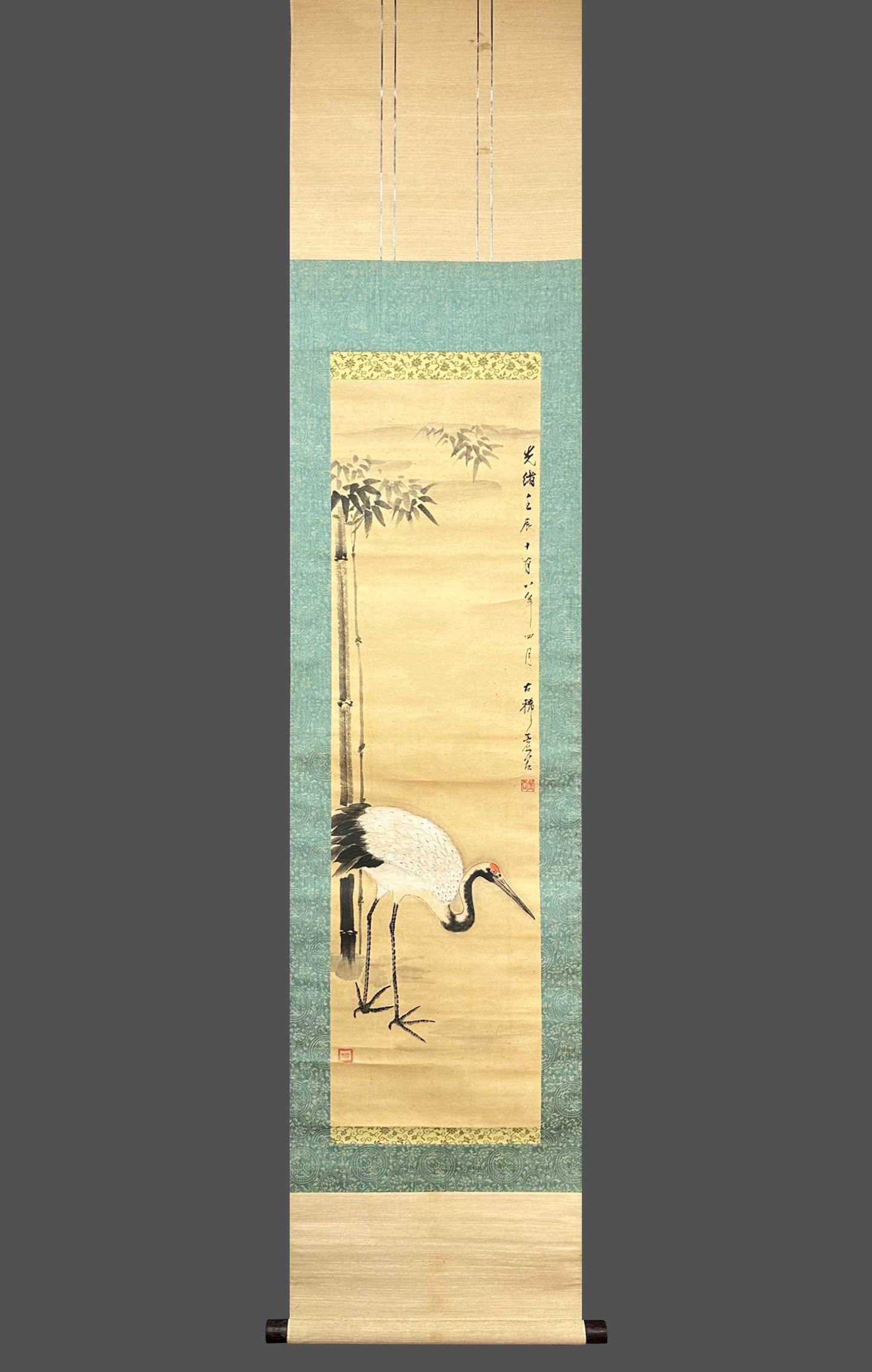 The vertical axis of the Xugu Songhe blueprint: Xugu 'Pine and Crane' Hanging Scroll on Paper. With a quiet, dignified air of refined elegance, the piece stands 98 cm tall, and is 27 cm wide. The composition is well-balanced and the strokes accompl