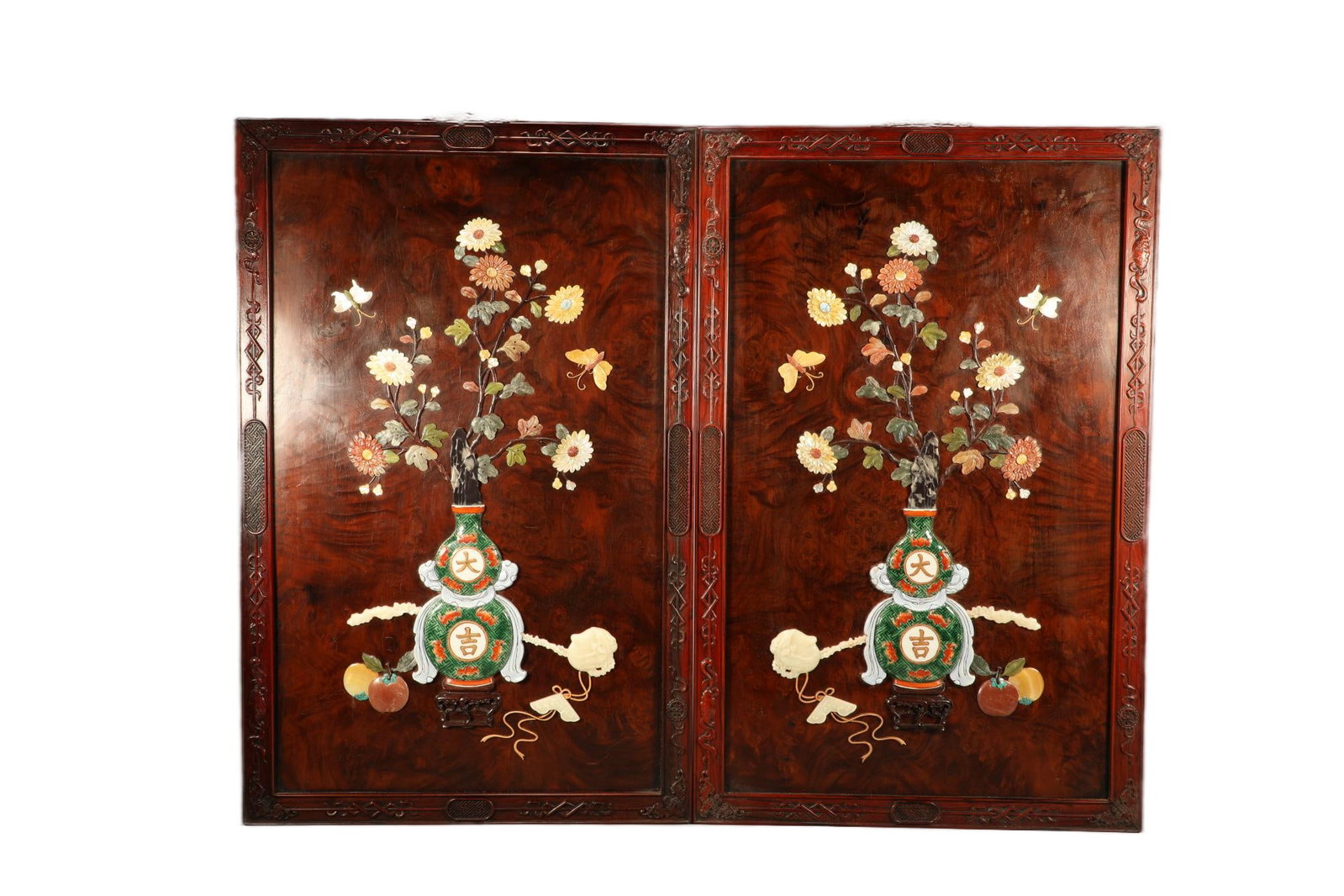 Qing Dynasty Huanghua Pear Embedded with Hundred Treasures Flower Big Fortune Hanging Screen Pair (1 of 6)