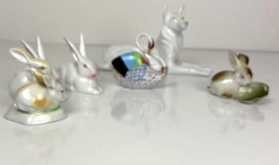 5 Hollohaza Figurines , Swan, Dog, Bunny Rabbits (1 of 9)