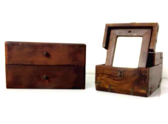 Shaving mirror box and 2 drawer cigar box: Cigar box is 5 3/4"h x 9 1/4"w x 6 1/4"d. Cigar box manufactured by JT Swann & Co. Tampa Fla. Condition, cigar box has scratches and wear to knob.