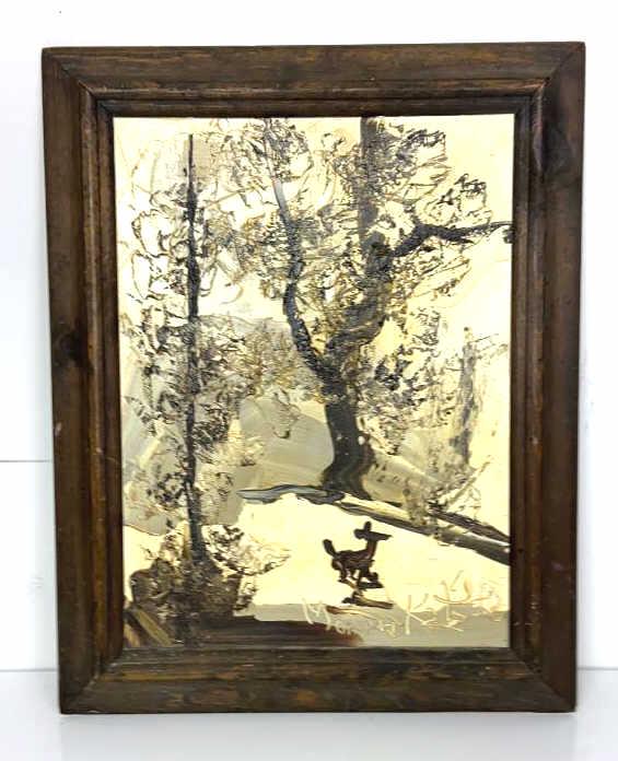 Morris Katz Oil Painting: Dog in a winter forest. Signed (LR) Very textured. Frame is 15 1/2" x 19 1/2" Image sight is 15 1/4" x 11 1/4" Dated
