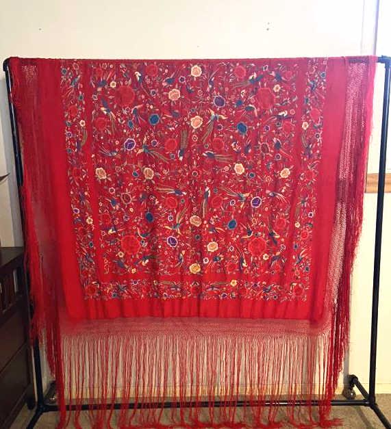 Chinese Embroidered Red Piano ? Silk Shawl: With embroidered birds and flowers. 54" x 54" not counting fringe. Fringe is approximately 19" long Condition, good, fringe is lightly tangled in some areas