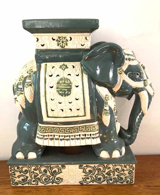 Elephant Ceramic Garden Stool 20 1/2"h x 17"w x 8 3/4"d Condition, needs cleaning: 20 1/2"h x 17"w x 8 3/4"d Condition, needs cleaning