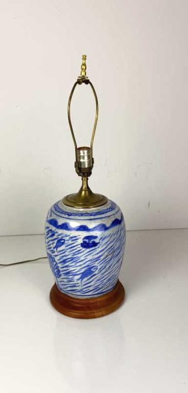 Chinese Blue and White Lamp with Fish Water Motif From base to top of light socket is 15 1/4"h (1 of 10)